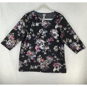 Chico's Romance Shine Floral Asymmetrical-Neck Ponte Top Womens Floral Size XL‎